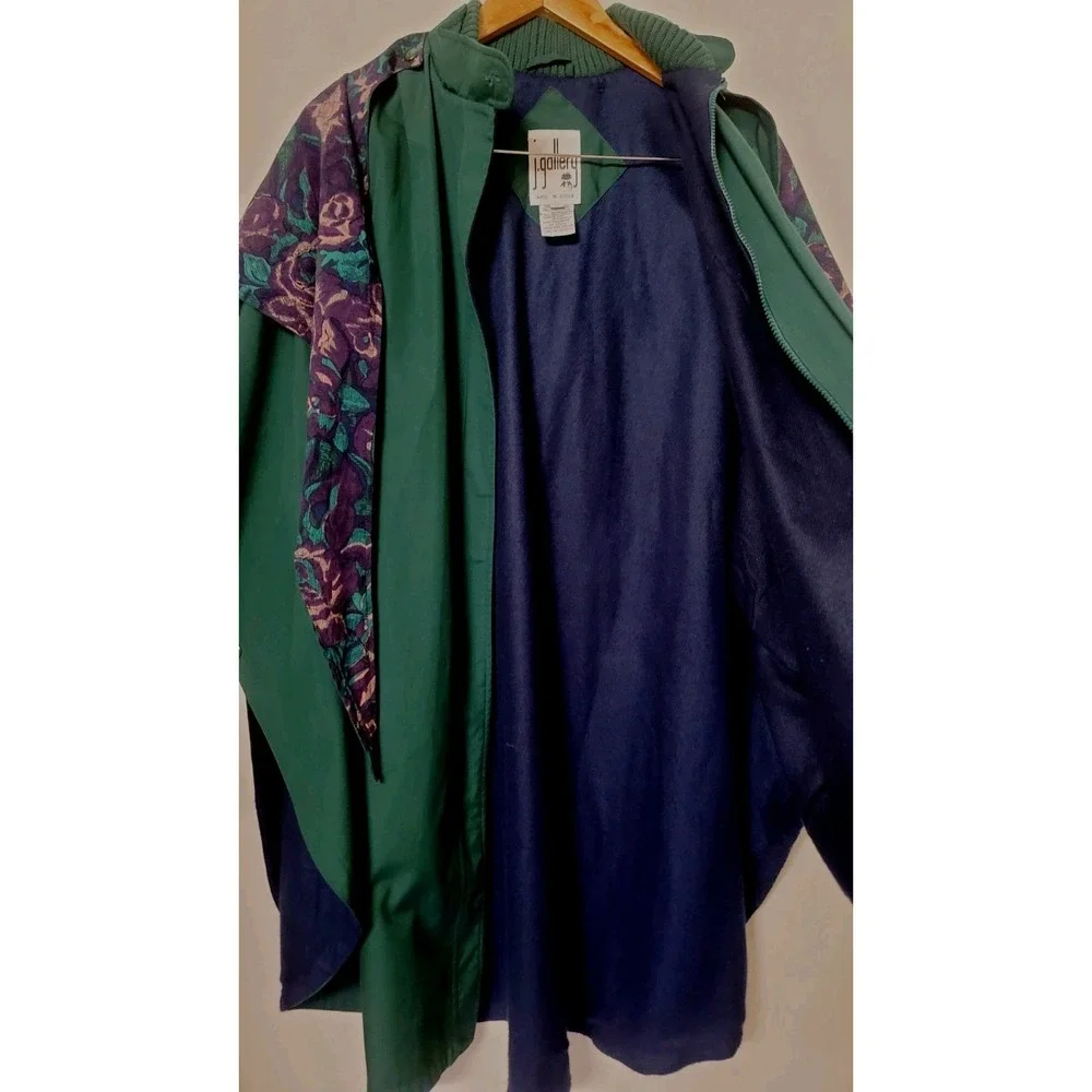 J Gallery Women's Cape Poncho Coat Medium Zip Fleece Lined Purple Rose Green VTG